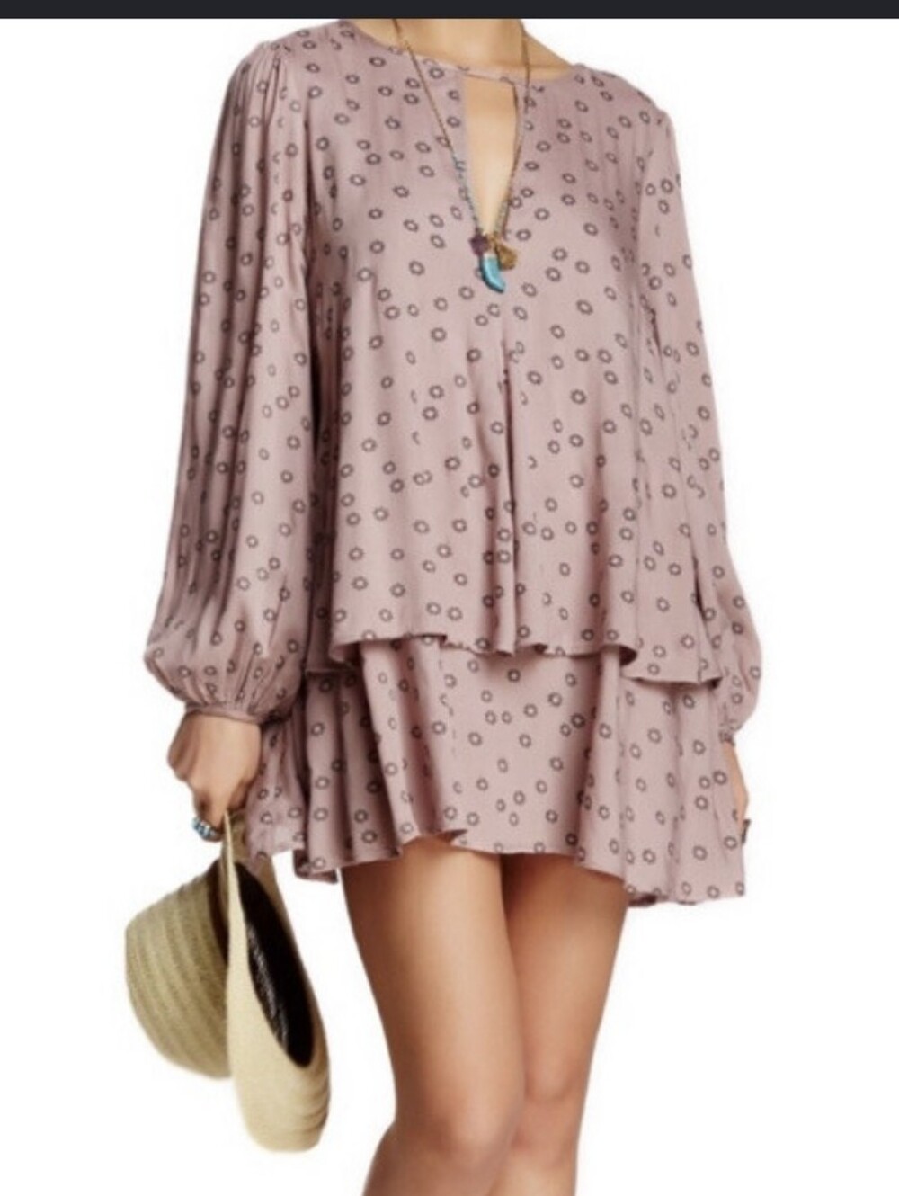 Free People Mauve Dot Tiered Tunic Mini Dress